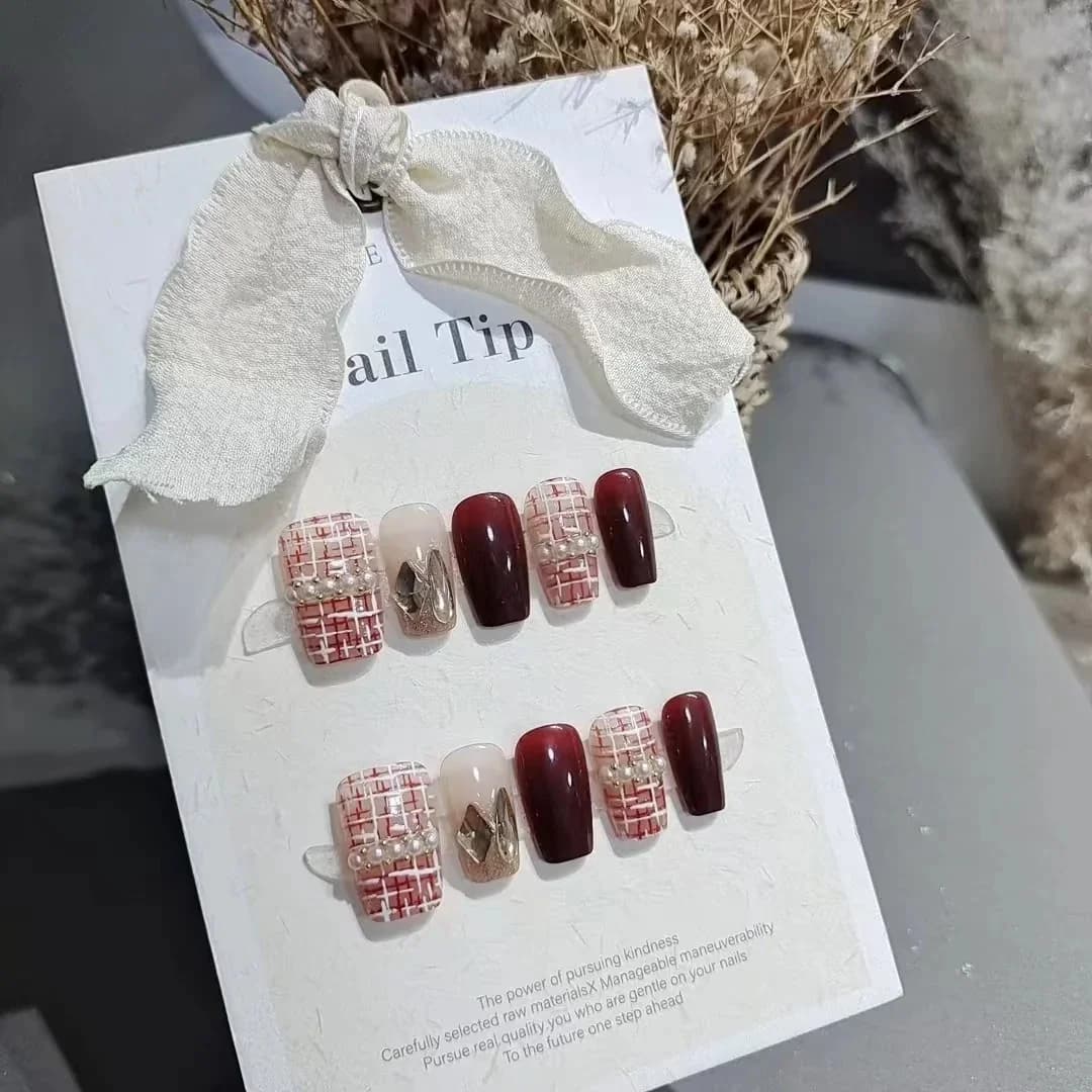 진주 장식 레드 트위드 숏 스퀘어 붙이는 네일 10개입